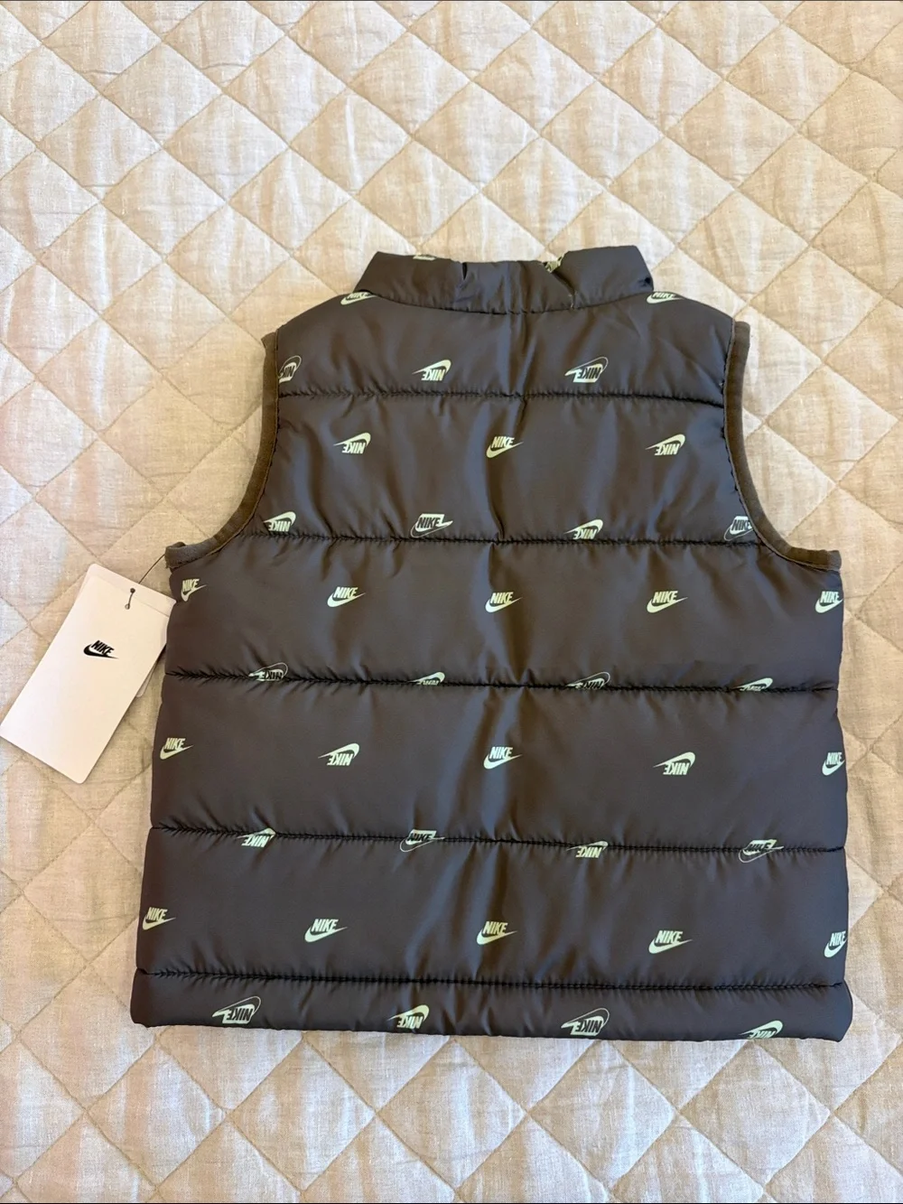 Nike Kids Army Green Puffer Vest with Mint Logo Print